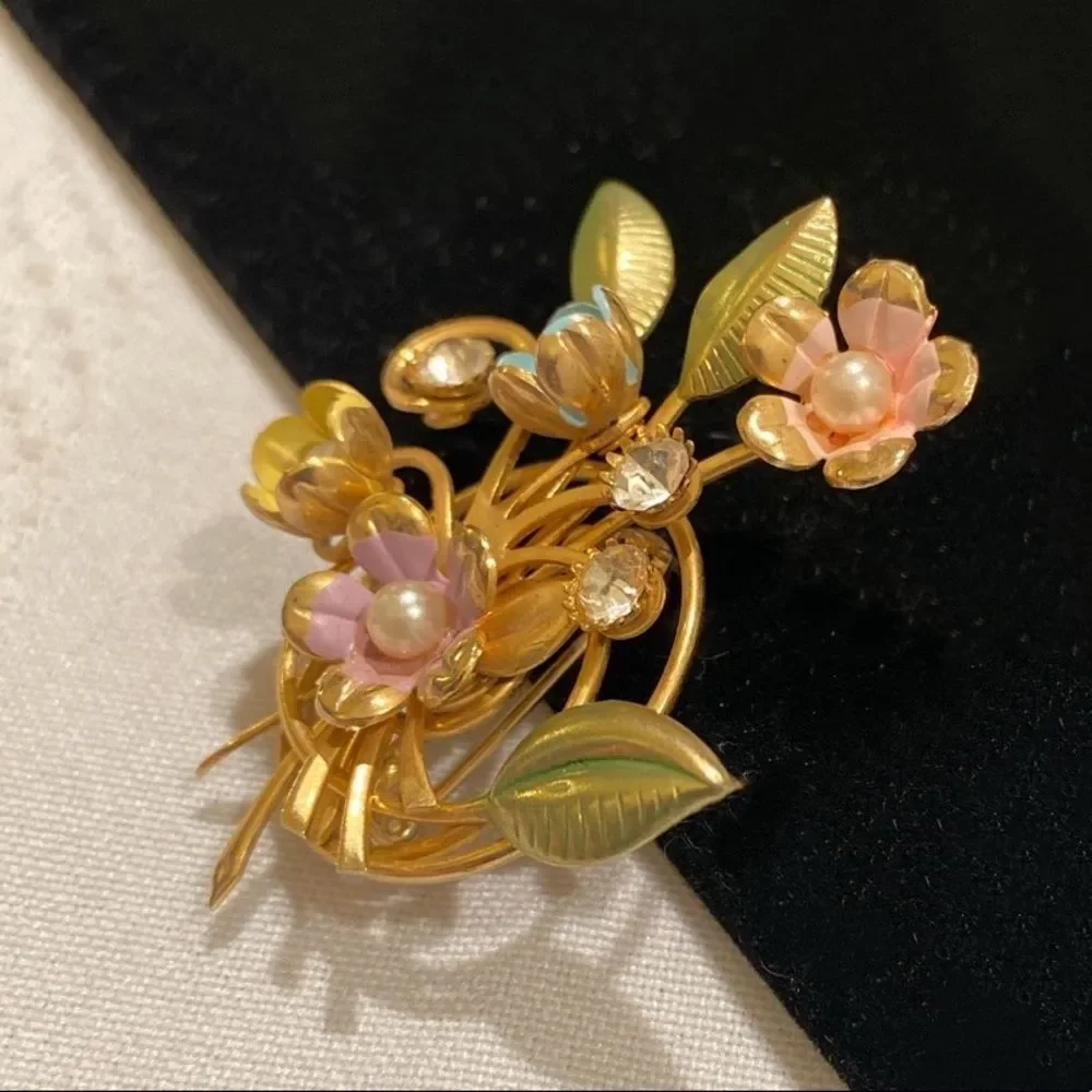 Vintage Gold Enamel And Pearl Flower Spray Brooch